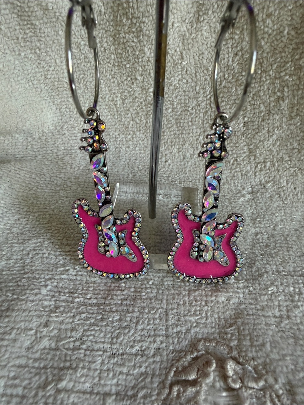 Pink Guitar Drop Earrings with Crystal Accents
